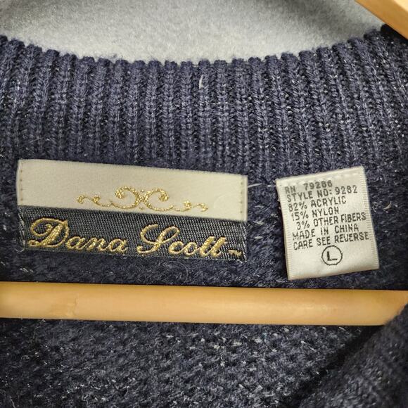 Vintage Womens Sweater Large Dana Scott Black Teal Holiday Embellished Tunic 90s - Picture 3 of 15